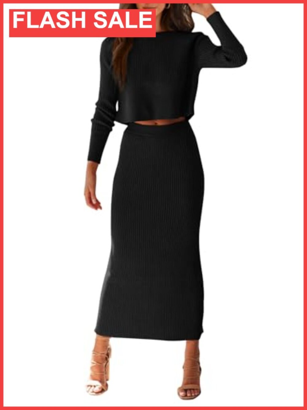 PRETTYGARDEN 2 Piece Sweater Set Rib Knit Crop Top Maxi Skirt Casual